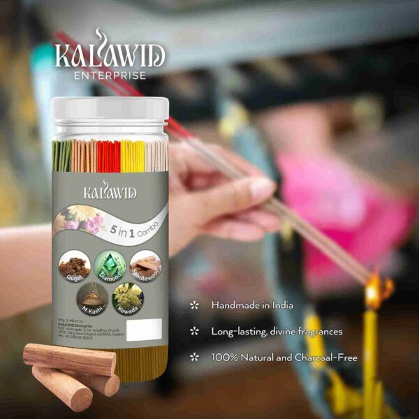 Kalawid Incense Sticks - Agarbatti - Fragrance Sticks - Combo of 5 Gugal, Diamond, Sandlewood, M.kashi, kewada 250 Incense Sticks, Pooja Items Spiritual (250, Set of 1) - Image 4